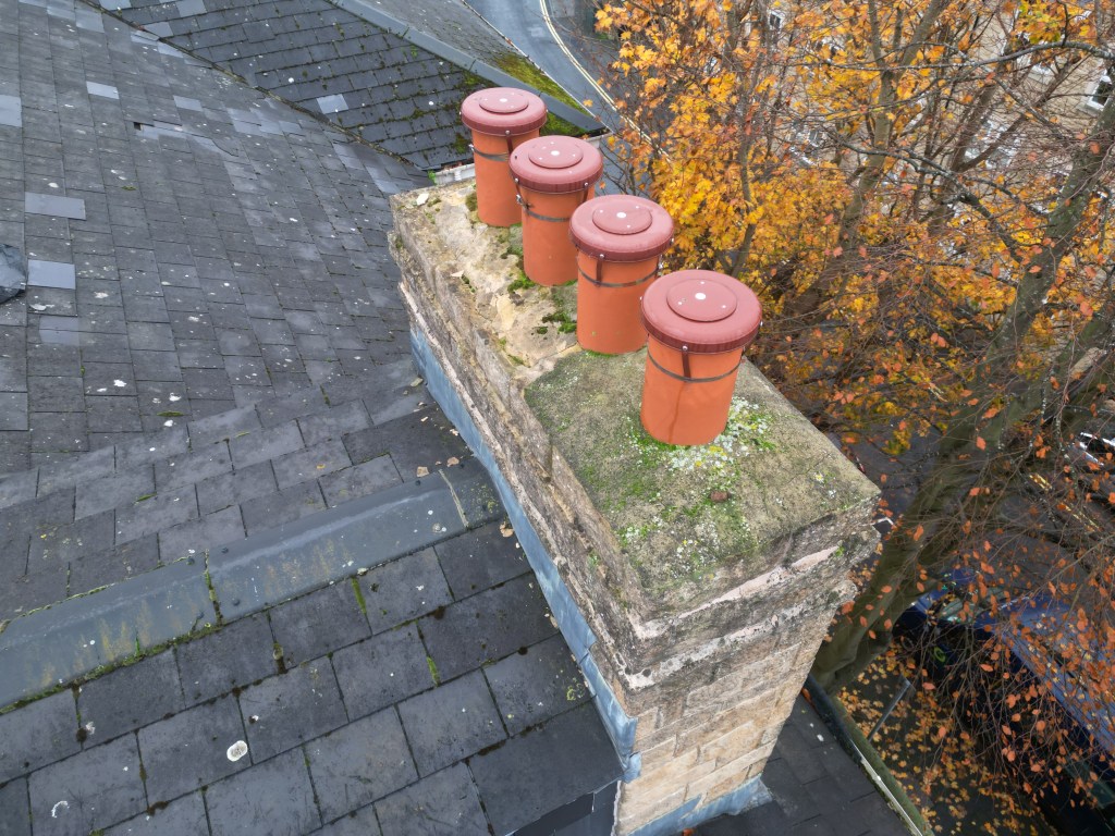 Aerial image of a slate roof and chimney in North Yorkshire