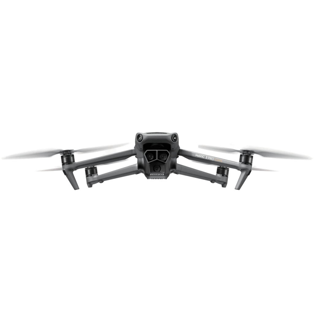 Transparent background image of a drone hovering in flight, showing detailed view of the commercial drone and propellers.
