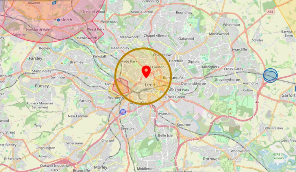 Flight planning map of Leeds showing drone no-fly zones, restricted airspace, and safe launch areas for drone roof inspections.