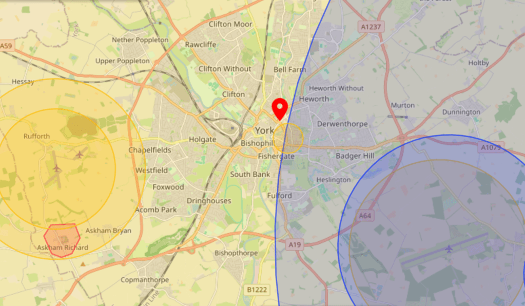 Flight planning image of the City of York showing surrounding airspace and Ground hazards.