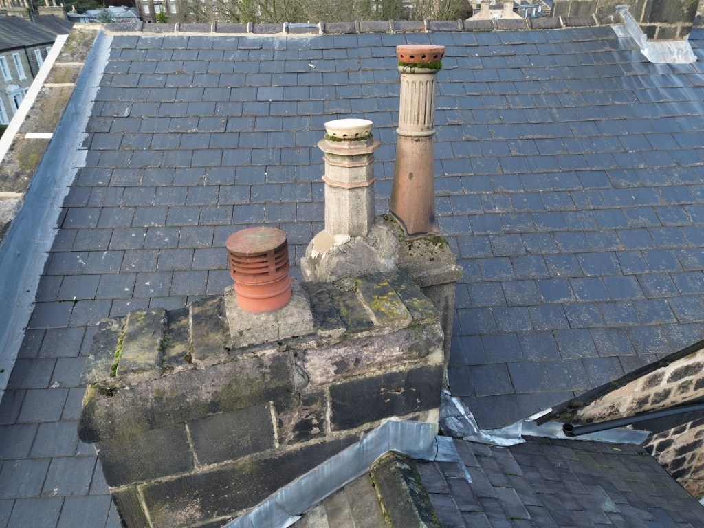 An image of a roof structure taken with a drone.