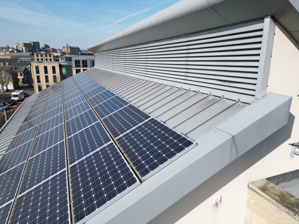 Drone roof and facade inspection aerial image.