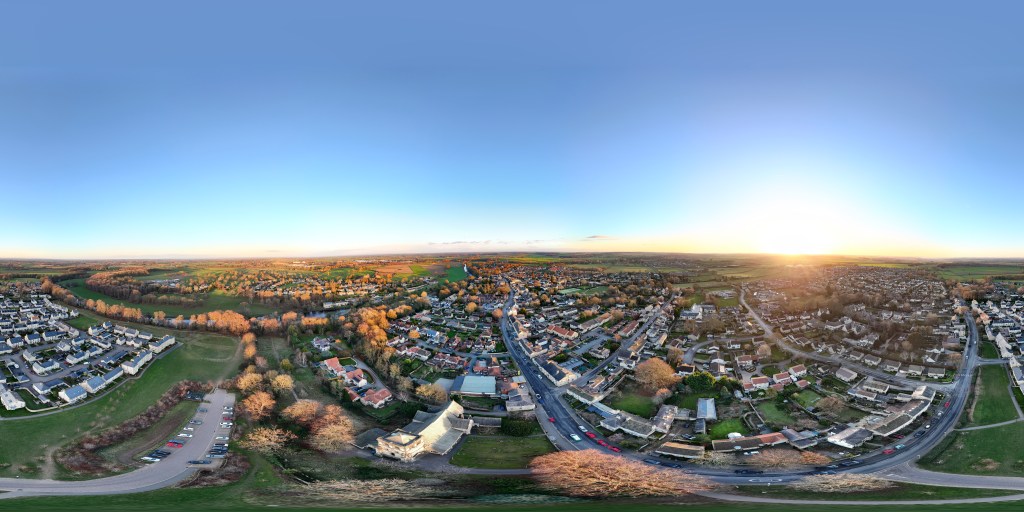 Unprocessed 360-degree aerial panoramic image ready for virtual tour, 3D environment.