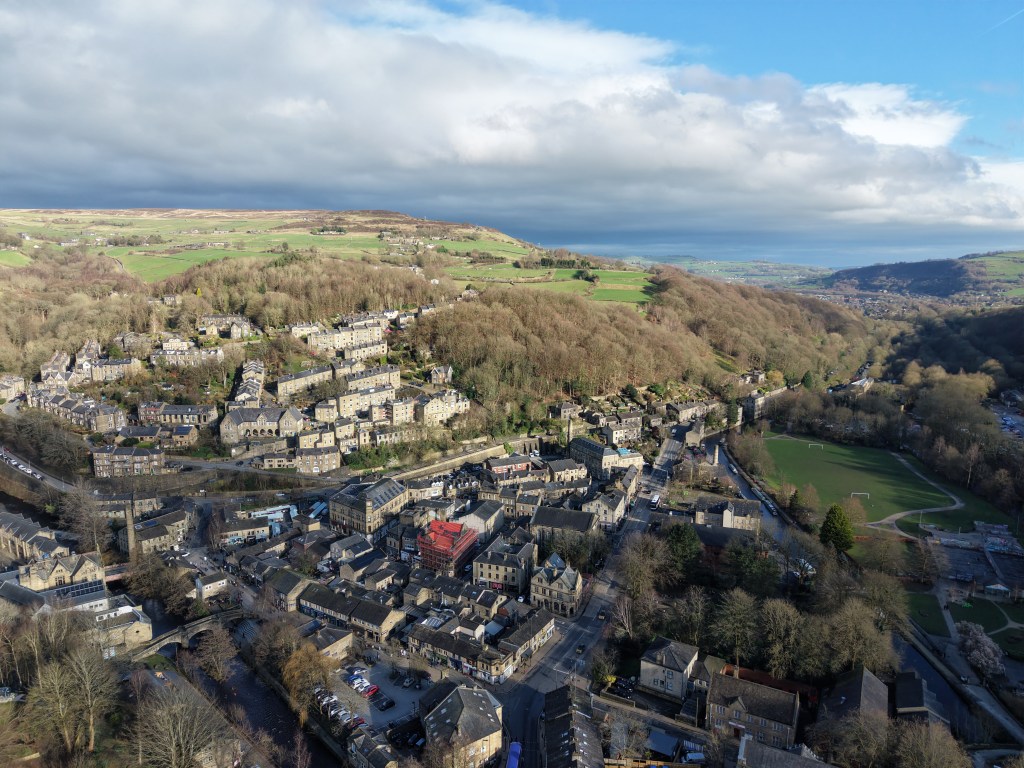 Aerial drone image of a historic town in West Yorkshire.